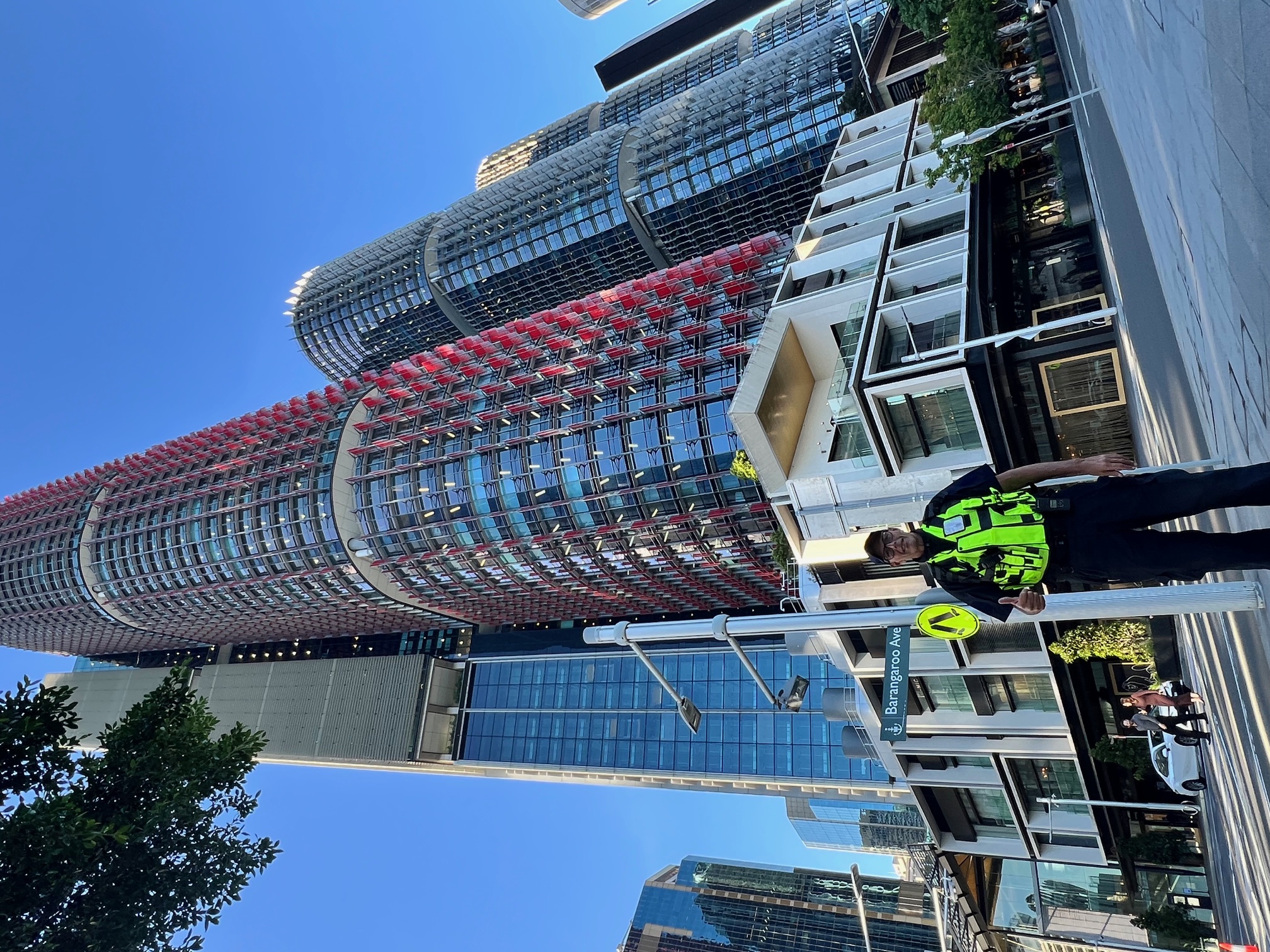 Security officer outside an office tower at Barangaroo, Sydney