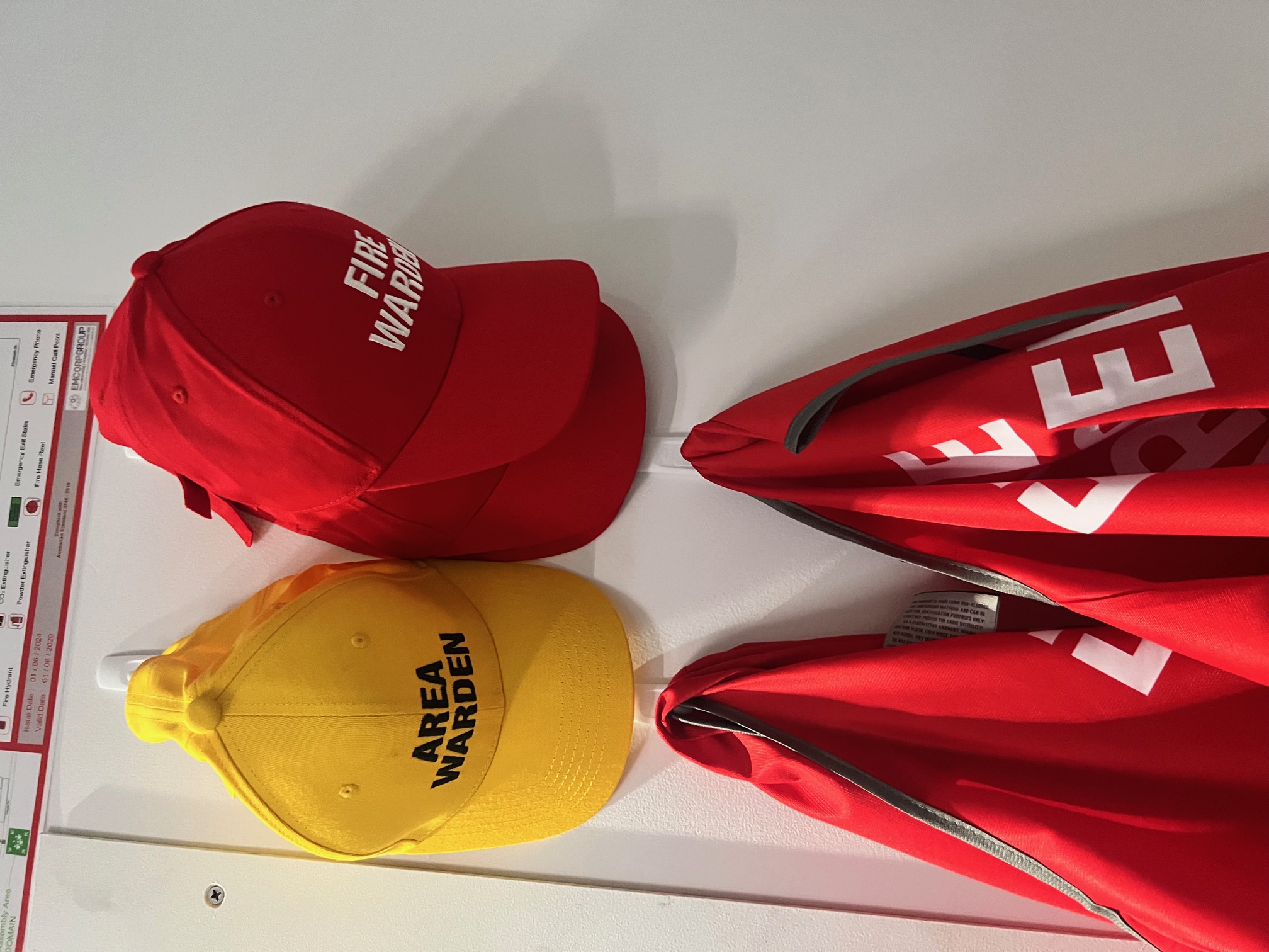 Fire Warden and Area Warden caps with red warden vests